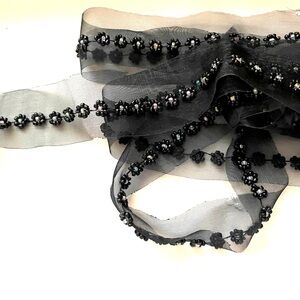 2 Yards Black Beaded Ribbon Mesh Trim /Sewing/Crafts/Bride/headwear.